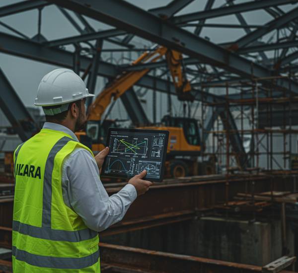 imagen2 "Ingeniero en sitio de construcción revisando estructuras de puente con tablet, en un entorno de maquinaria pesada y andamiaje."