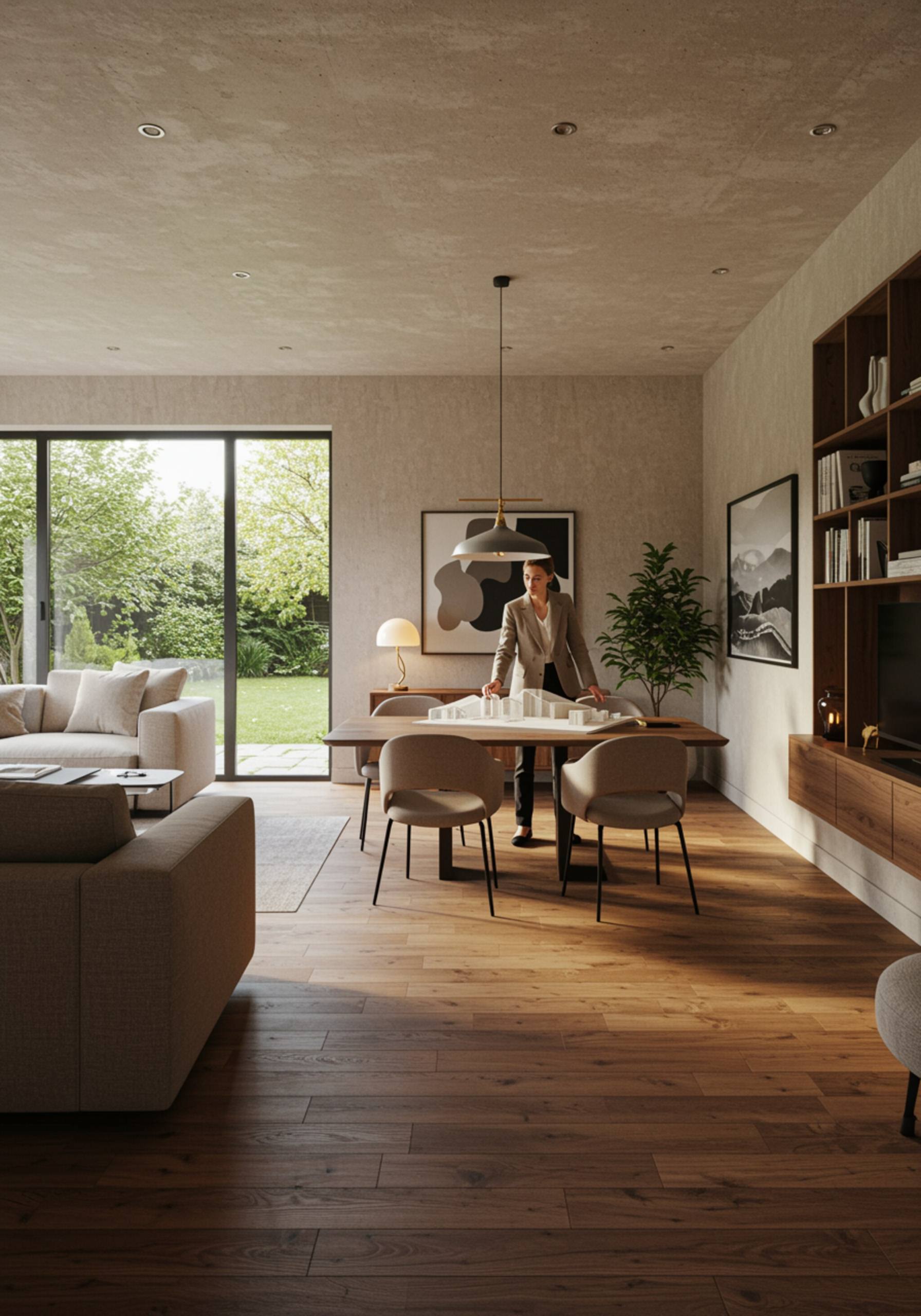 imagen3 3 "Ilustración arquitectónica de un proyecto residencial personalizado, con acabados sostenibles y mobiliario contemporáneo, donde una arquitecta presenta un modelo a un cliente en un ambiente acogedor."