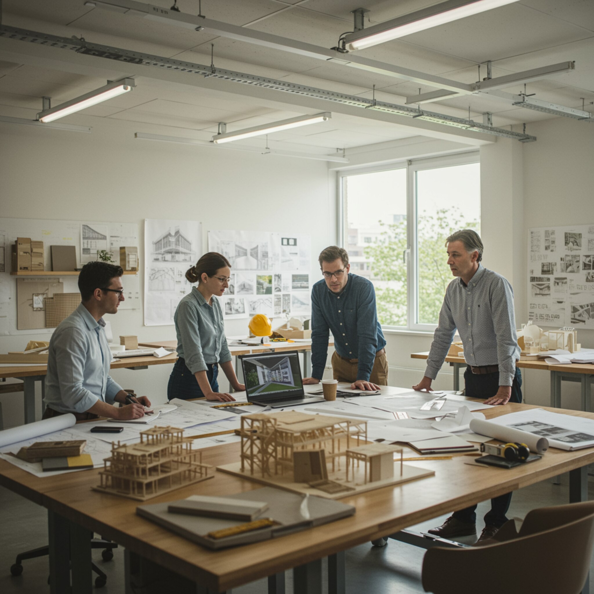 imagen5 4 "Estudio de arquitectura moderno y luminoso con un equipo multidisciplinario colaborando en el diseño de proyectos sostenibles, rodeados de maquetas, planos y materiales."