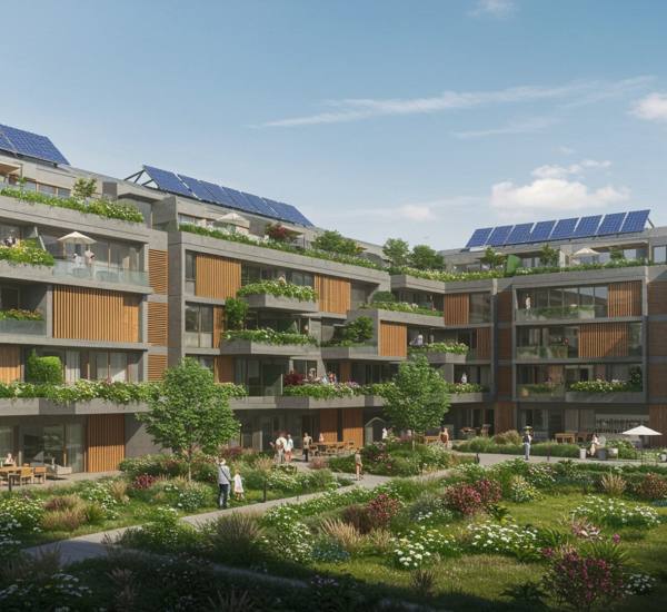 slider "Render fotorealista de un moderno complejo residencial sostenible con jardines en la azotea, fachadas de vidrio y paneles solares, rodeado de paisajismo exuberante."